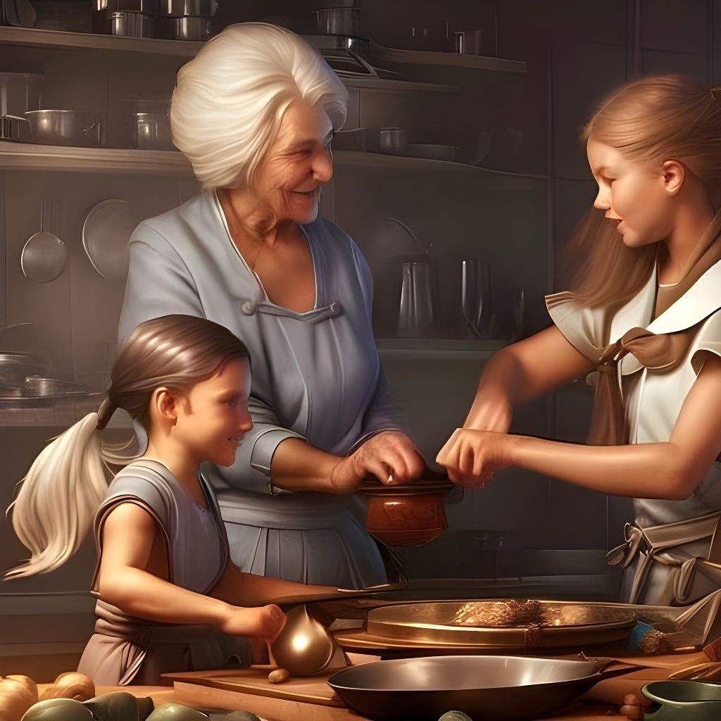 Grandmother Teaching Girl to Cook: Digital Art