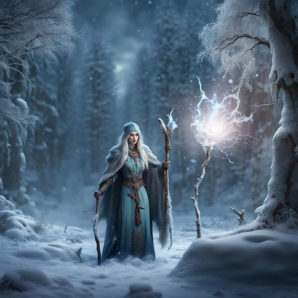 Winter Sorcerer Casting Frost Spell as Matte Painting