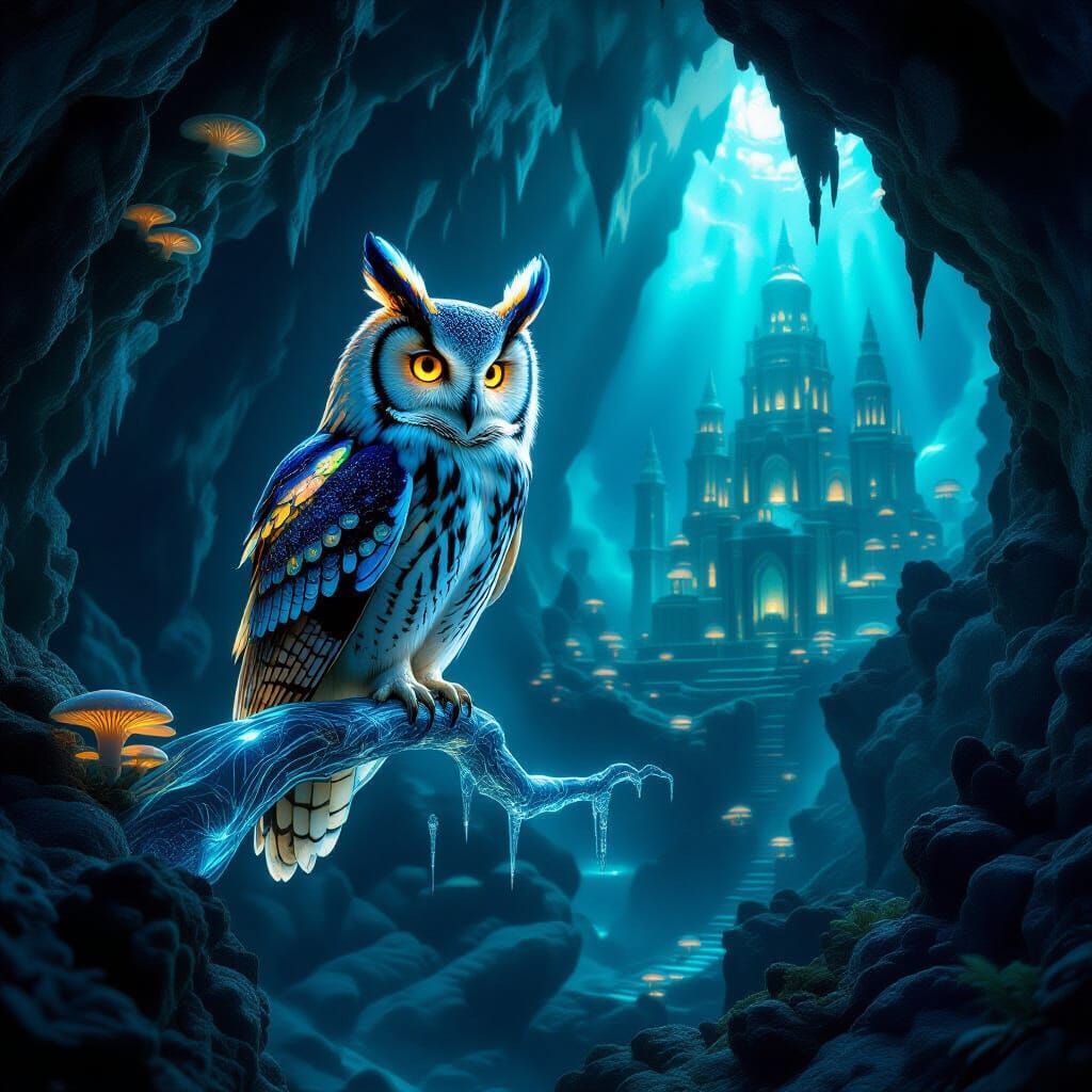 Ethereal Owl in Luminous Cavern