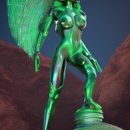 Emerald Alien Queen Warrior Statue, Hyperrealistic 8k