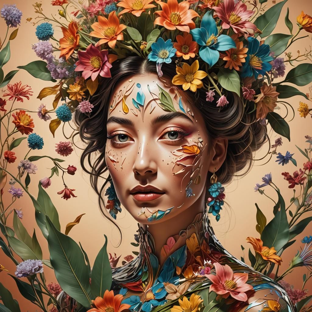 Floral Vase Woman: Hyperrealistic 3D Splash Art