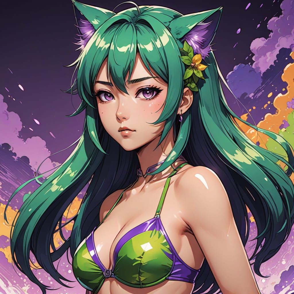 Vibrant Nekomata Woman in Ametrine Bikini