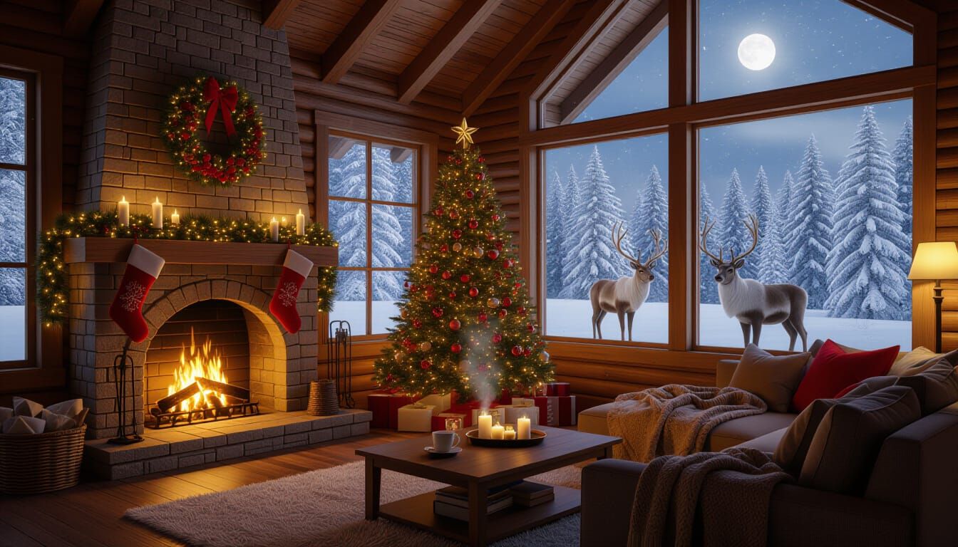 Cozy Christmas Cabin with Fireplace and Snowy Landscape