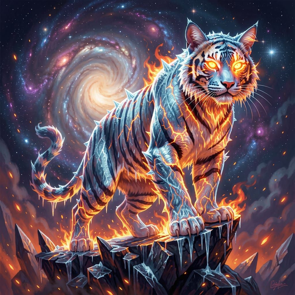 Ice and Fire Cat-Tiger Hybrid in Cosmic Nebula