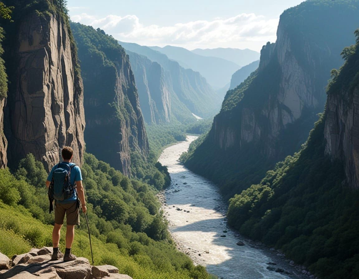 Hiker on Cliffside Path Overlooks Serene French Valley