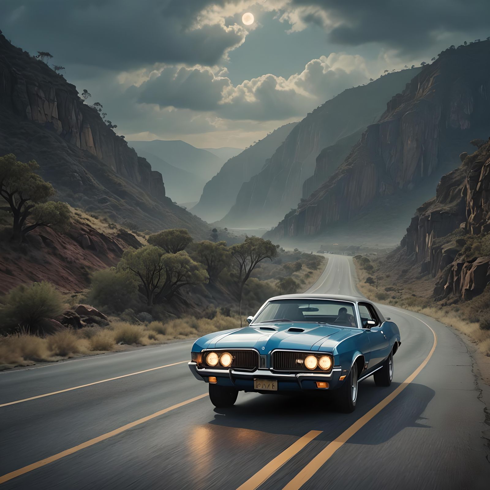 1970s Blue Mercury Cougar on the Road