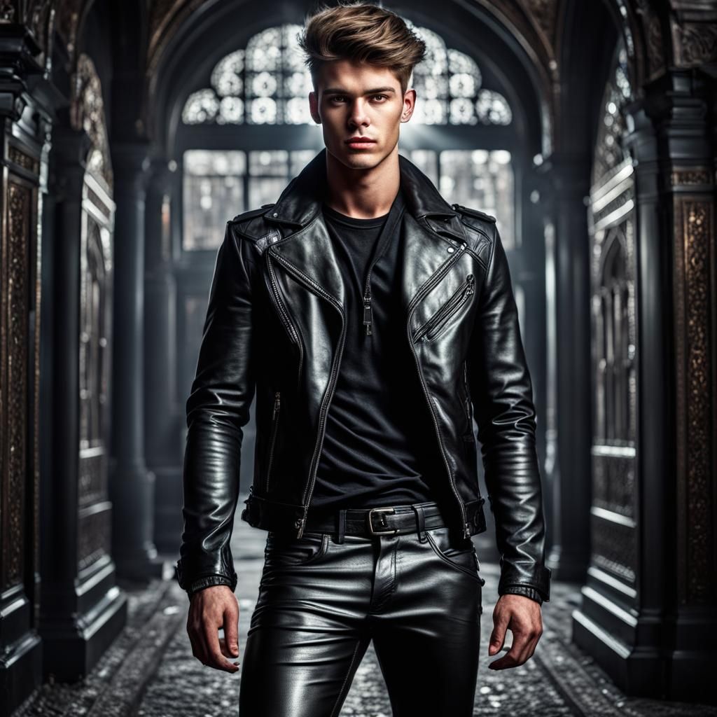 Hyperrealistic Teen Boy in Leather Pants Portrait
