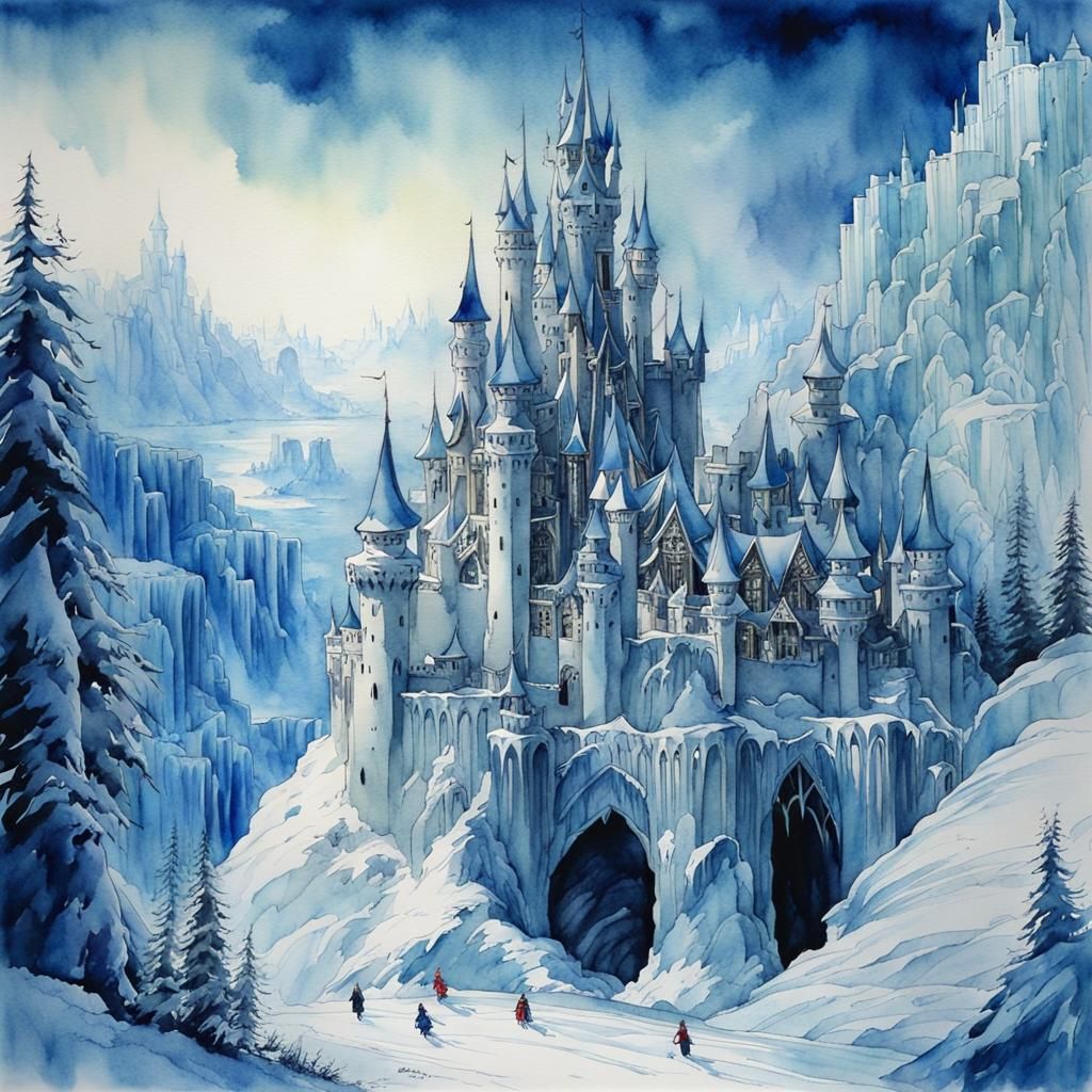 Enchanting Ice Castle in Watercolor Anime Style