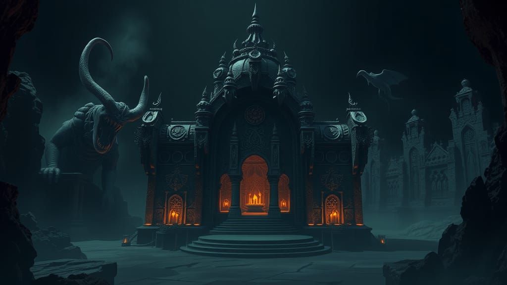 Ethereal Temple of Shadows in Deep Blackness