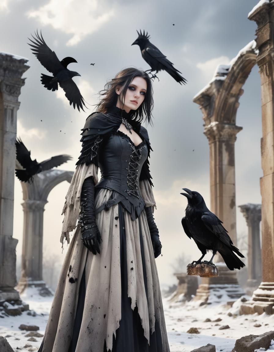 Gothic Crow Woman in Battle Ruins, Sunny