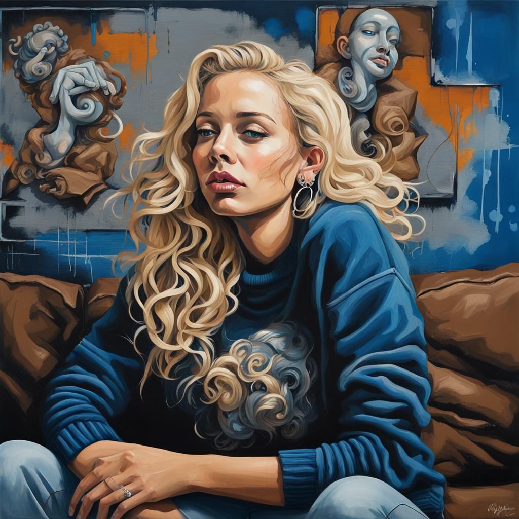 Blond Woman with Dog in Graffiti Art Style