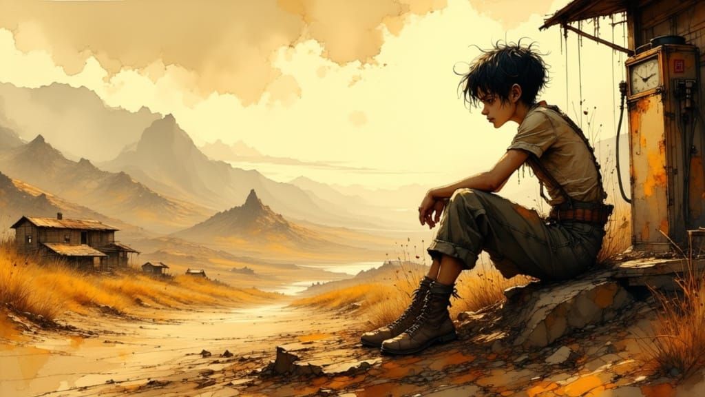 Boy Contemplates Desert Roadside in Cinematic Style
