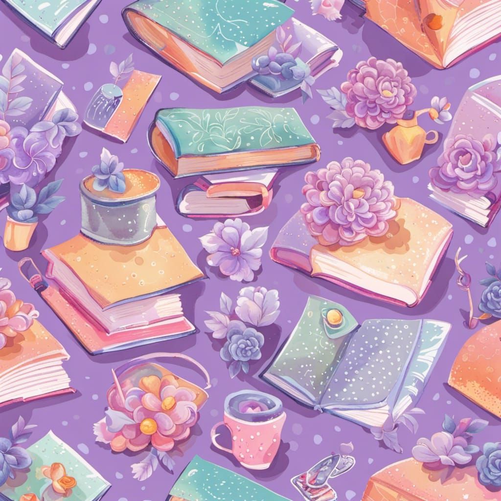 Gouache Painting: Lilac Books and Floral Background