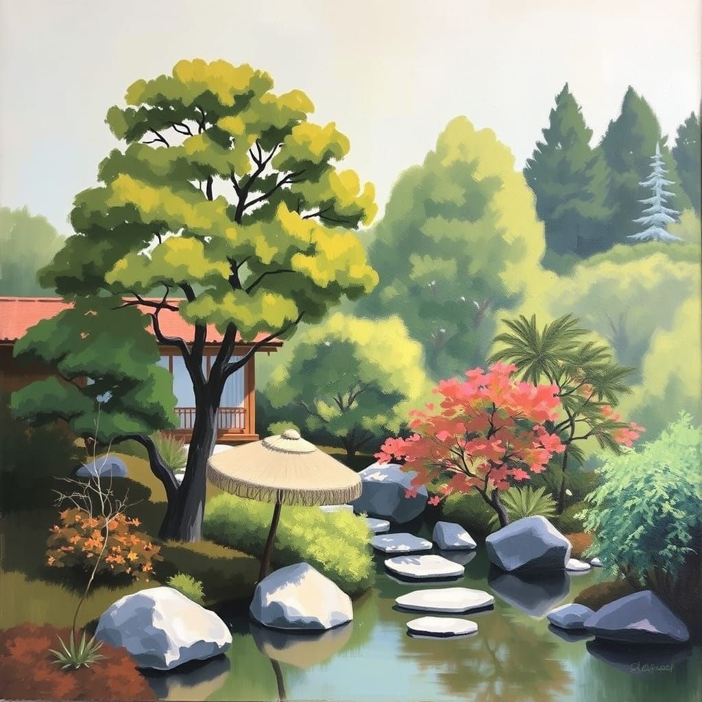 Abstract Modern Japanese Garden Oil Painting
