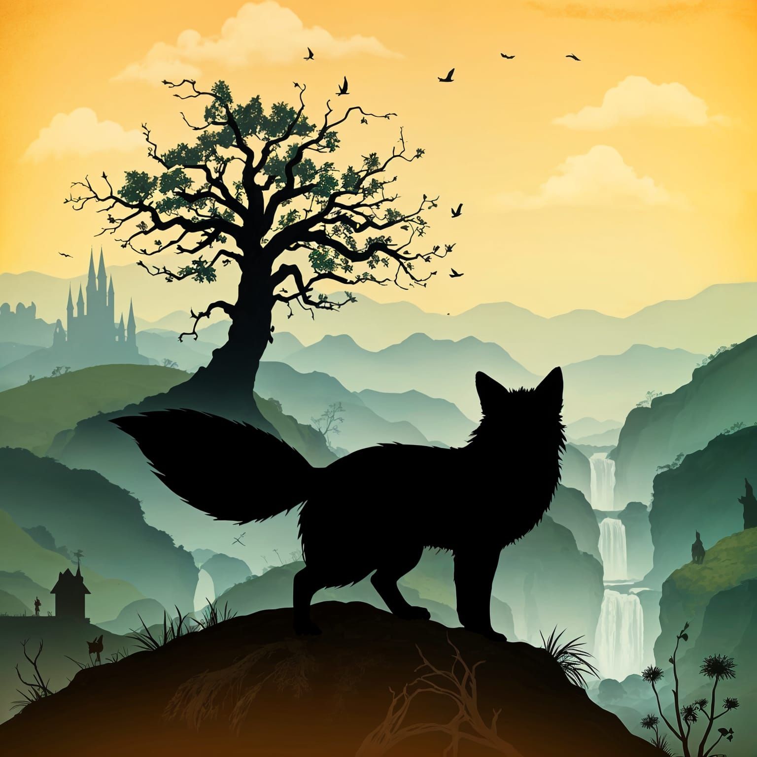 Fox Silhouette Gazing Out at a Vibrant Kingdom in a Moody La...