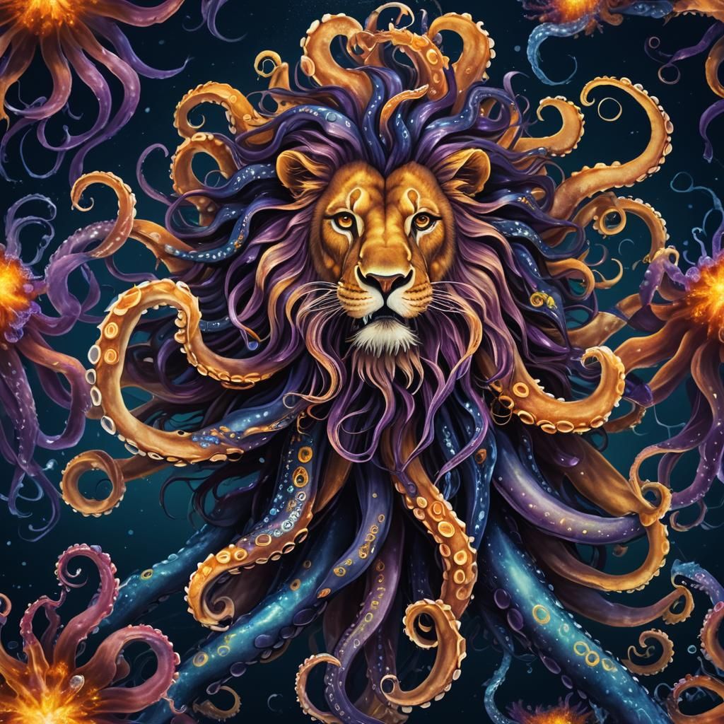 Lion-Octopus Hybrid: Bioluminescent Oceanic Creature