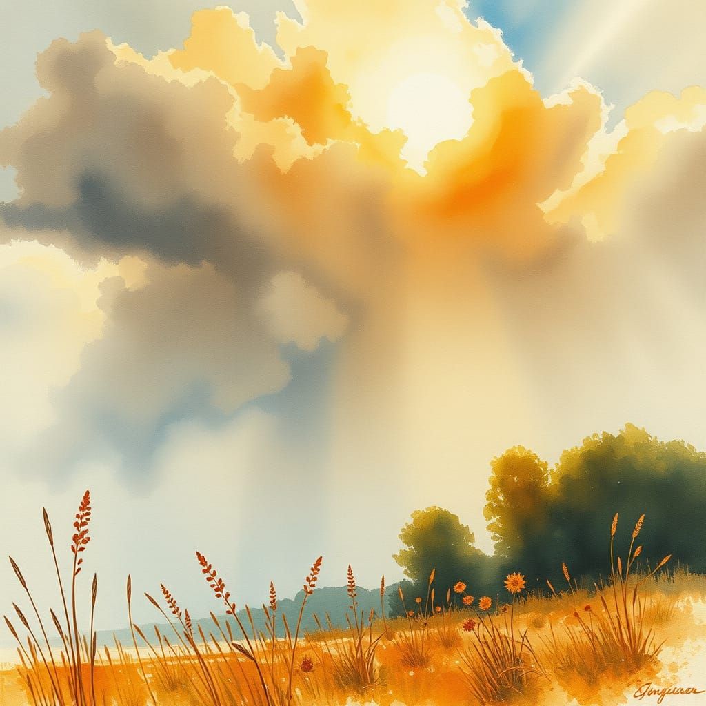 End of Summer Watercolor Landscape in Turner & Homer Style