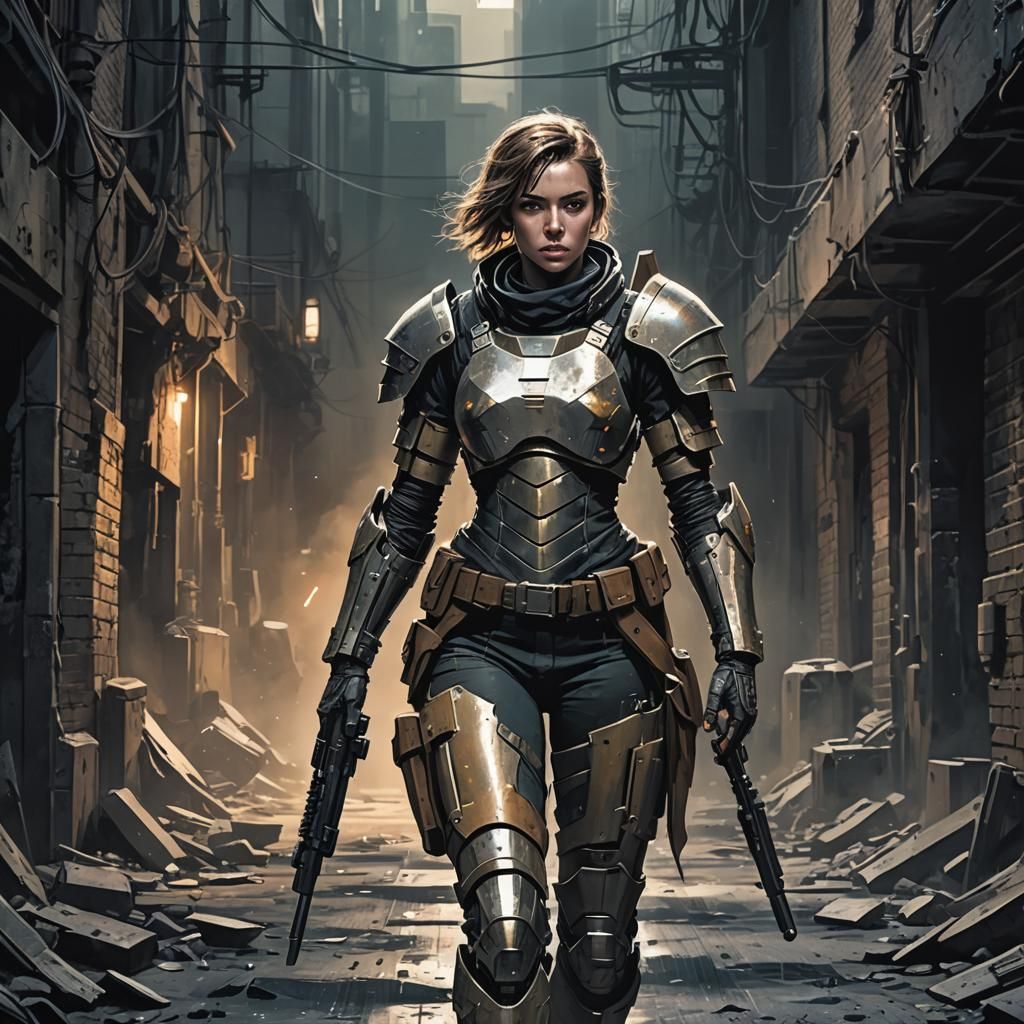 Gorgeous Armored Lady in Dark Alley, Comic Art
