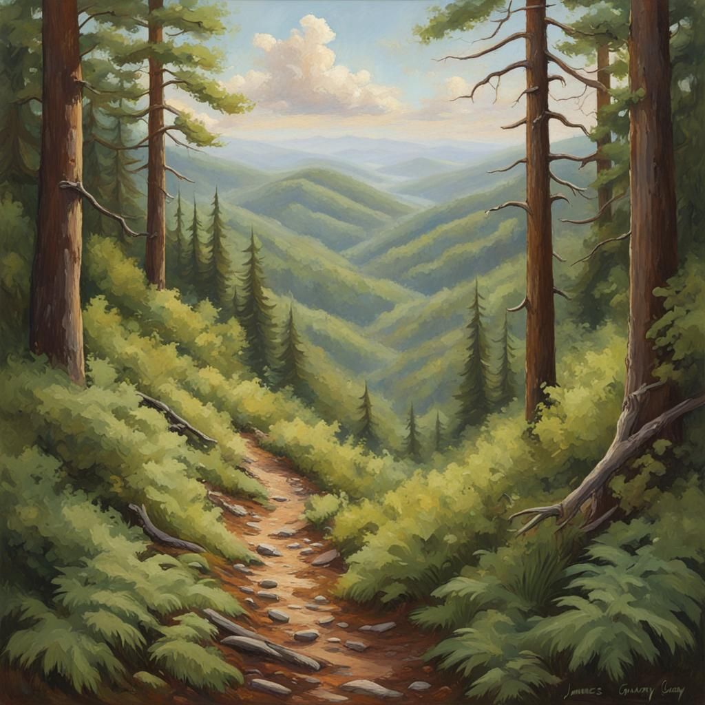 Hiking Trails Through Forest in Oil Painting