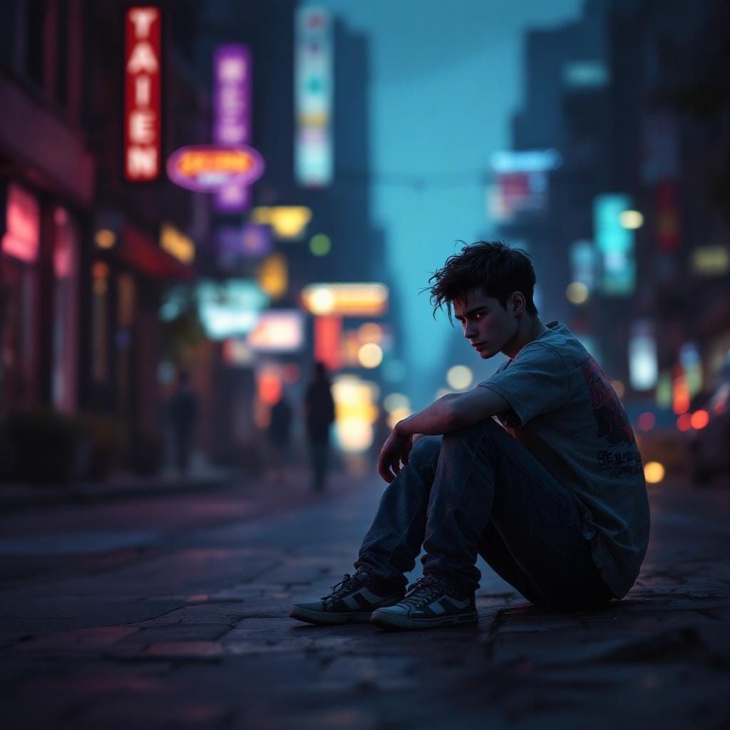 Melancholic Youth in Cityscape, Moody Digital Painting