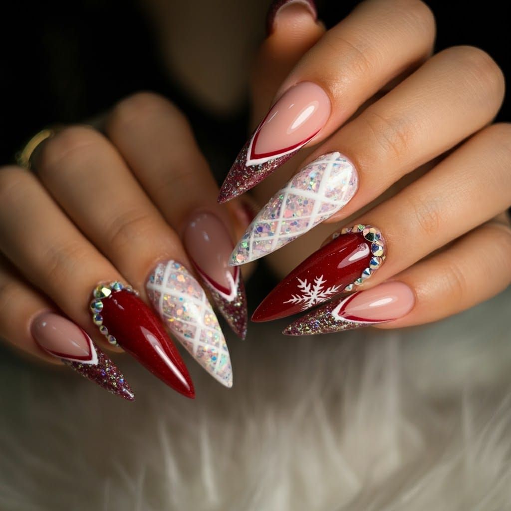 Winter Wonderland Stiletto Nails with Plaid and Snowflakes