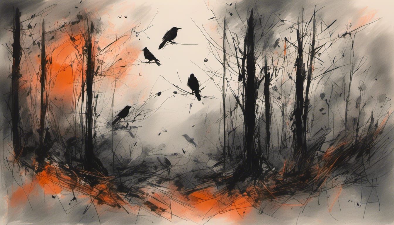 Glowing Forest Crows Portrait in Gouache and Charcoal