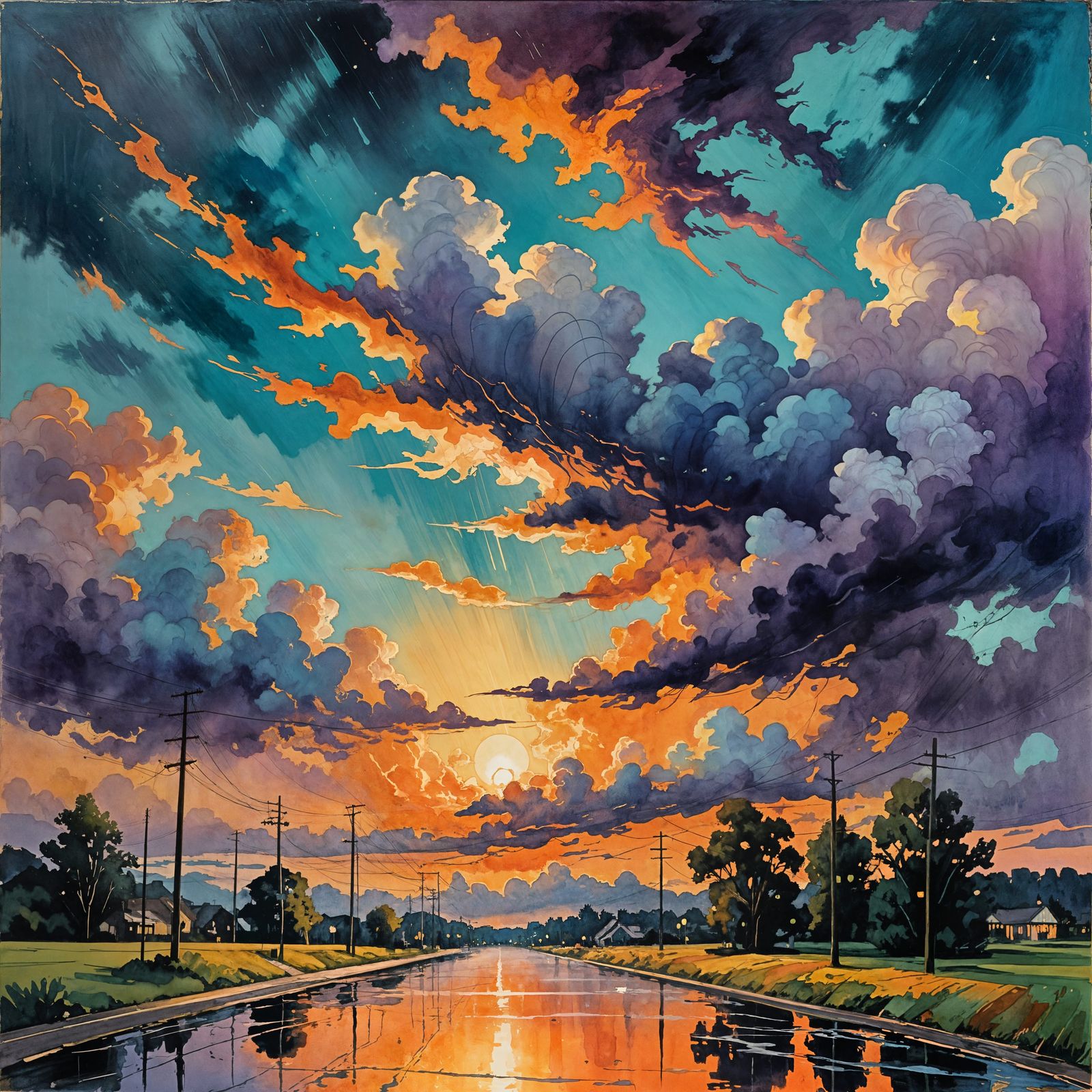 Vibrant City Nightscape in Grungy Impressionist Style