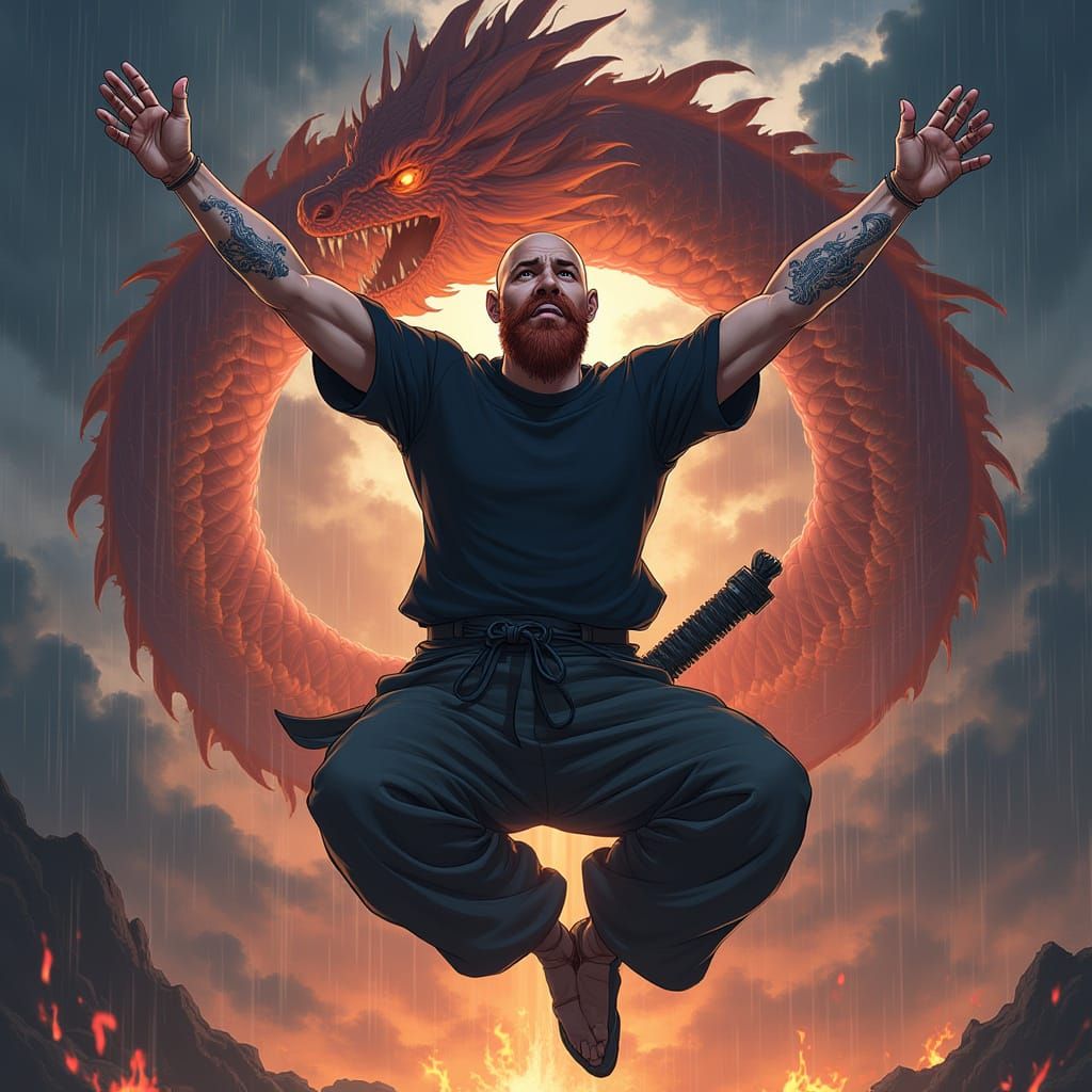 Bald Warrior Levitates Amidst Dragon Fury