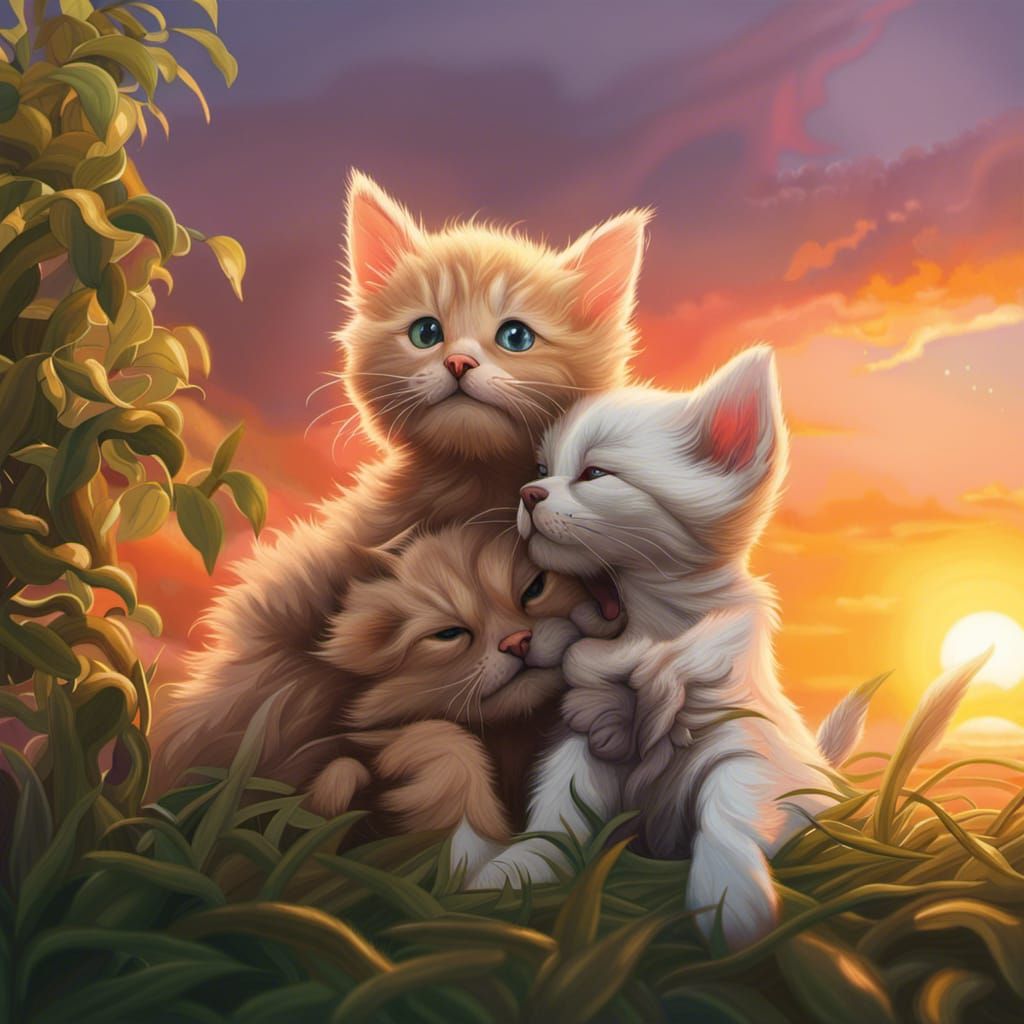 Kitten and Puppy Cuddling at Sunset: Hyperrealistic Art