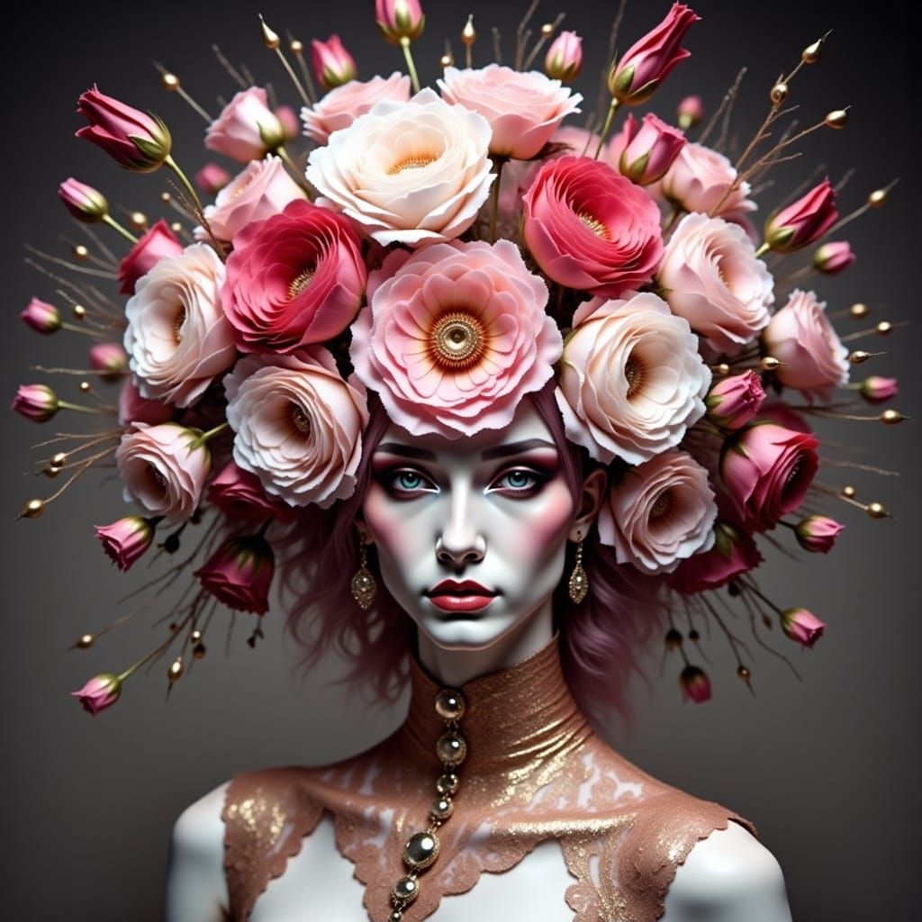 Avant-Garde Couture Hat with Flowers and Golden Filigree