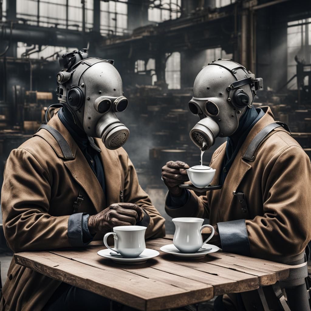 Two People Drinking Tea in Industrial Setting