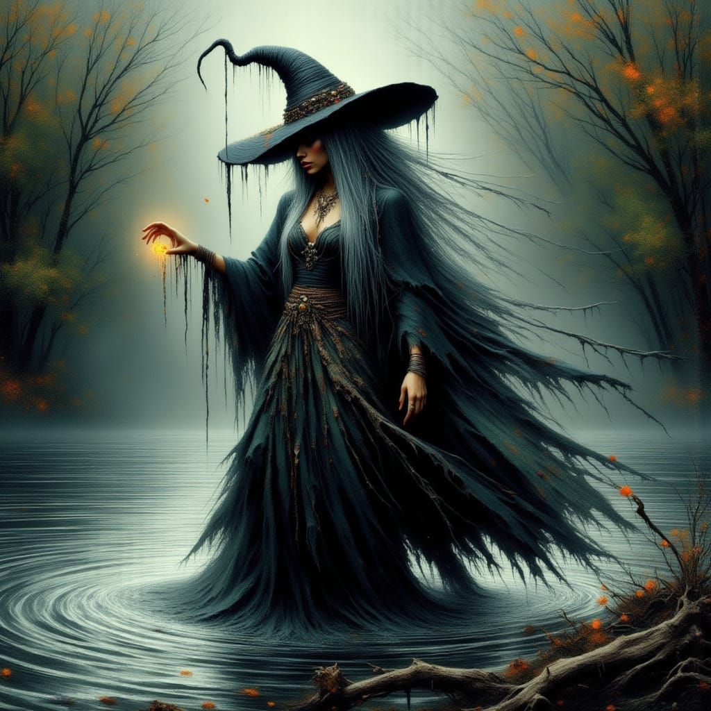 Mystical River Witch Casting Spell in Ethereal Mist