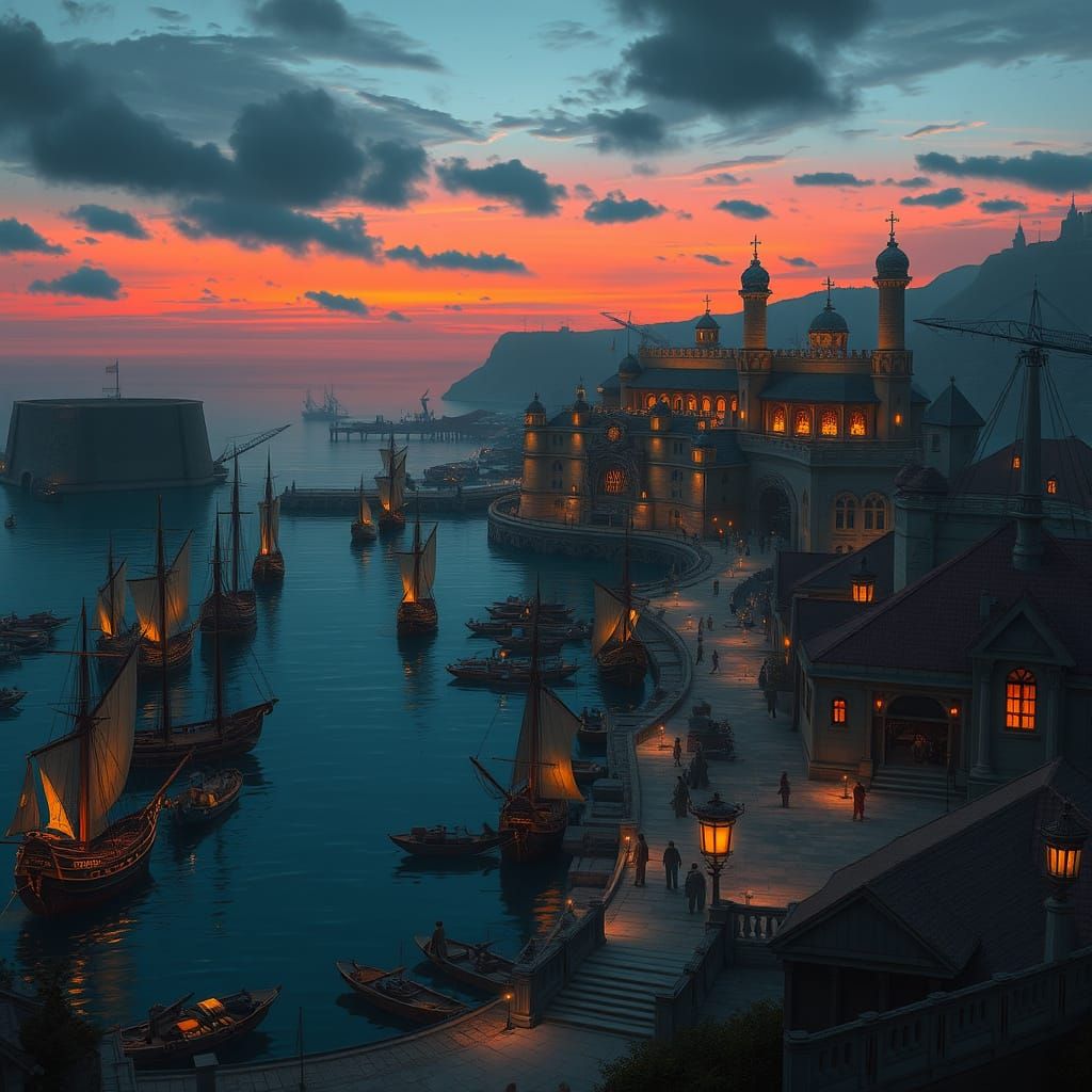 Dramatic Twilight at Coastal Imperial Port City