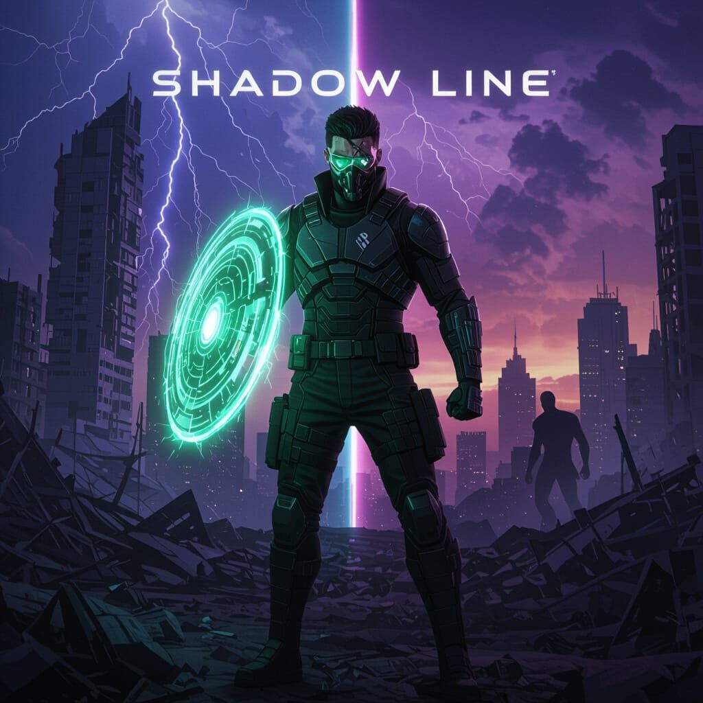 Hero Zayn Wields Energy Shield in Ruined Cityscape