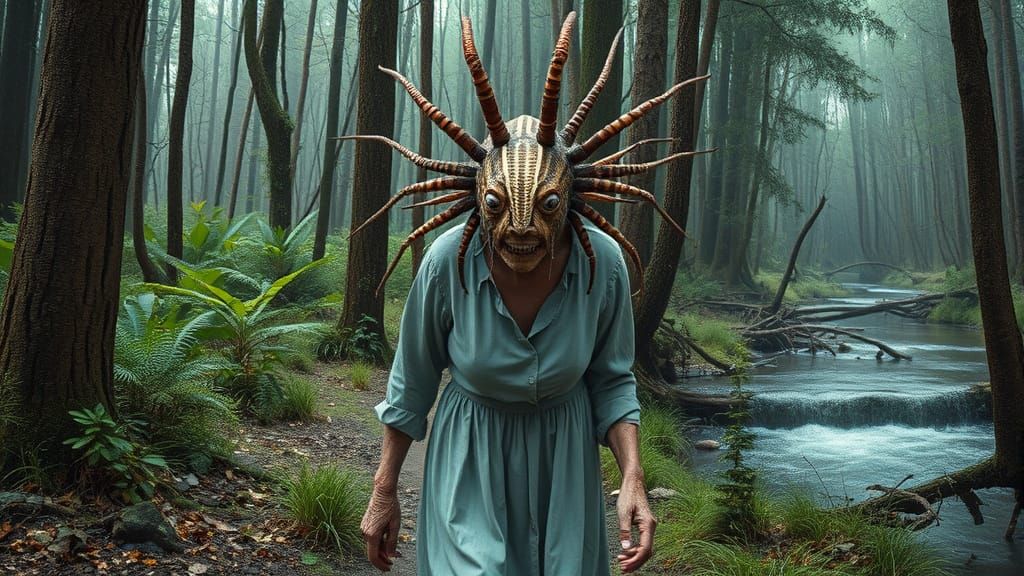 Humanoid Chimaera Woman in Forest Near River