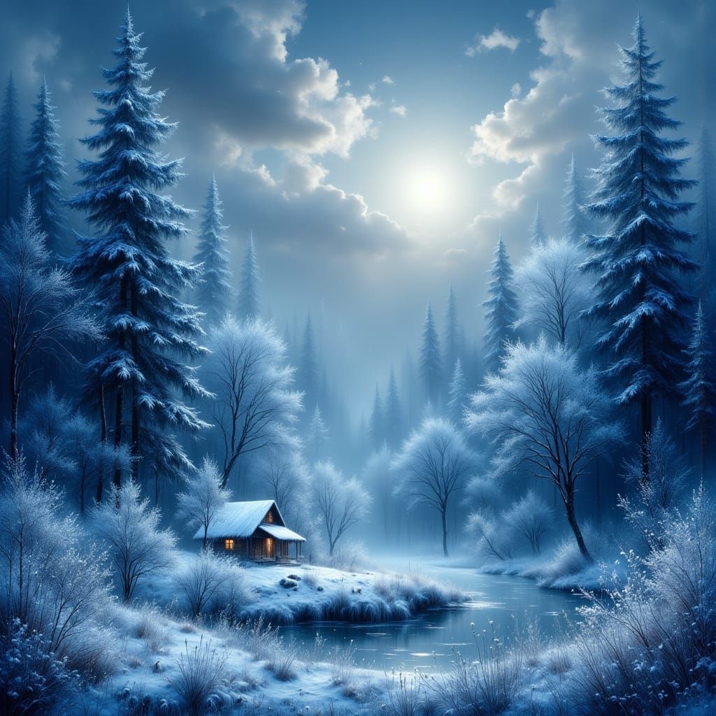 Misty Dawn Serenity: Ethereal Cabin in Snowy Landscape