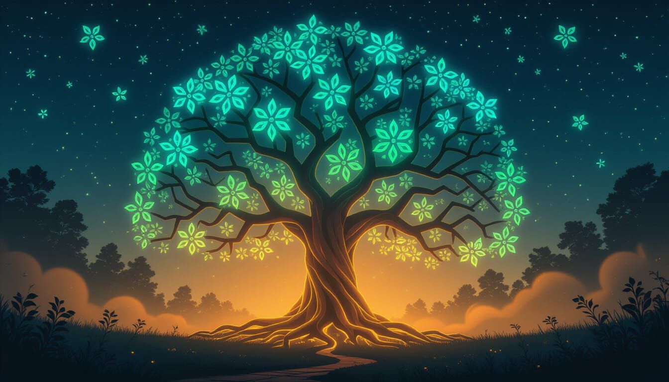 Neon Fractal Tree Emerges in Ethereal Midnight Mist