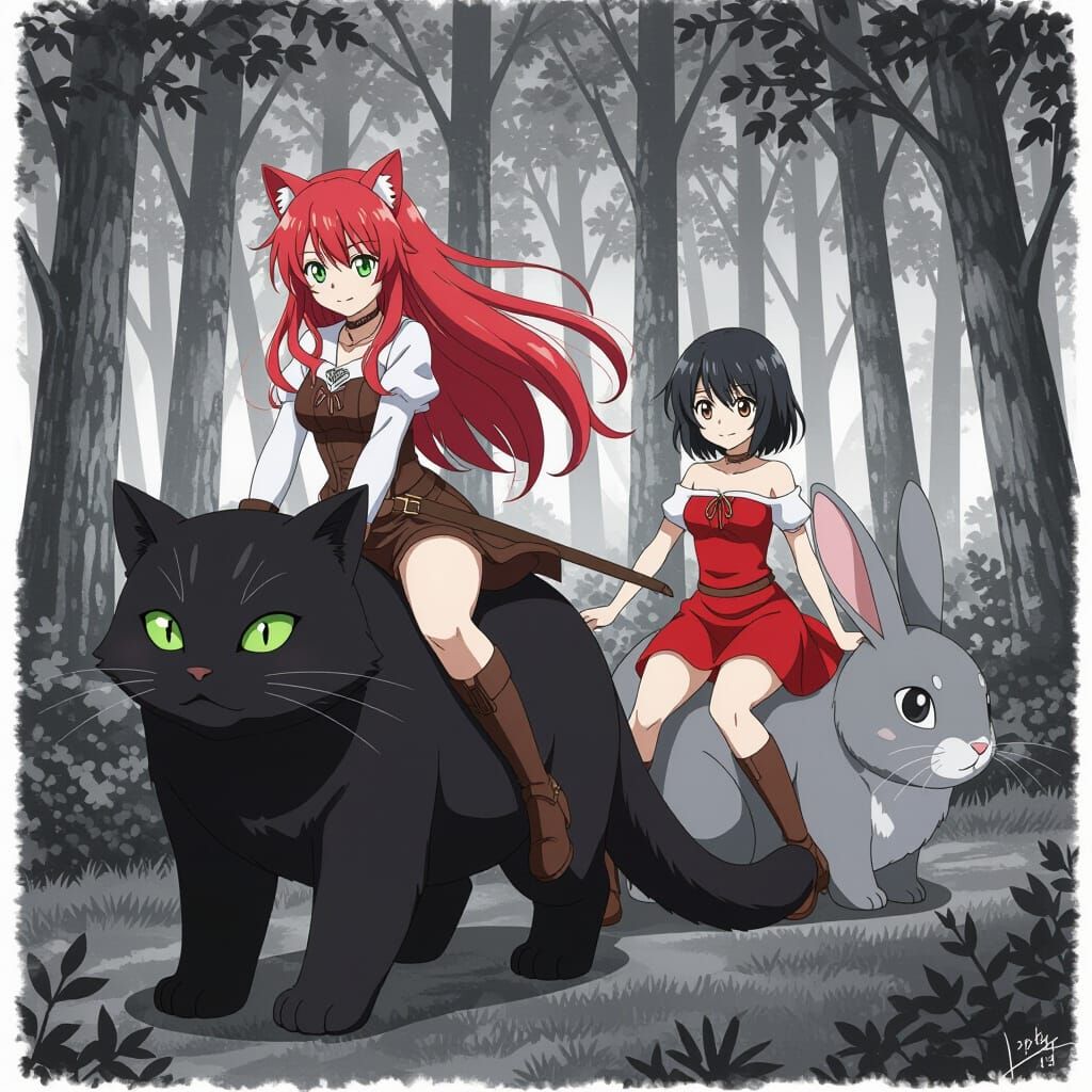 Women Riding Animals in Forest in Black and White Anime Styl...