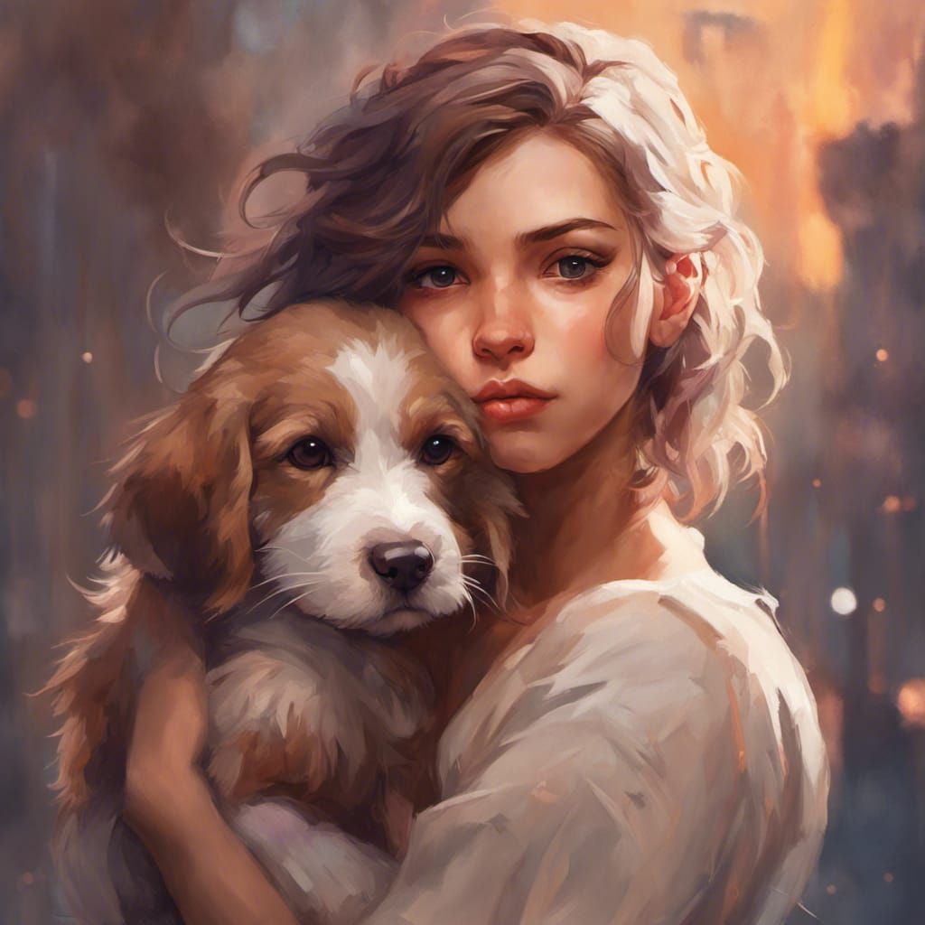 Romantic Portrait of Girl Holding Puppy, Hyperdetailed Art