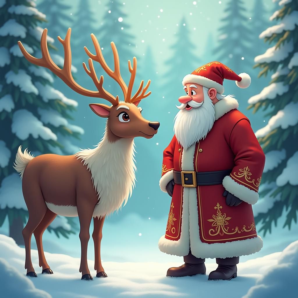 Reindeer and Santa in Anime Winter Wonderland