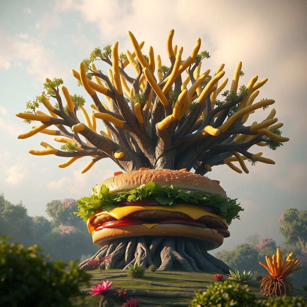 Giant hamburger tree with French fries as the tree braches #...