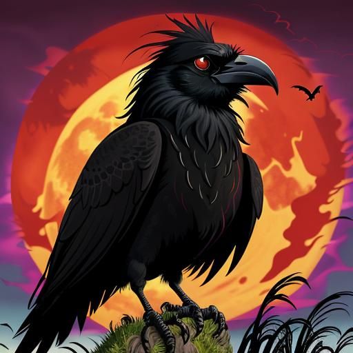 Crow Profile with Red Moon in Surreal Style
