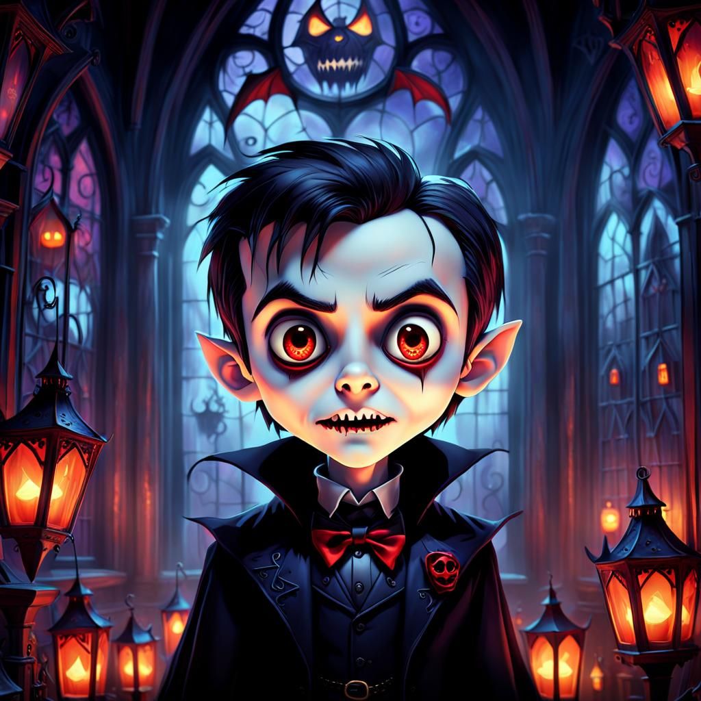 Chibi Dracula in Haunted House: Gothic Comic Art
