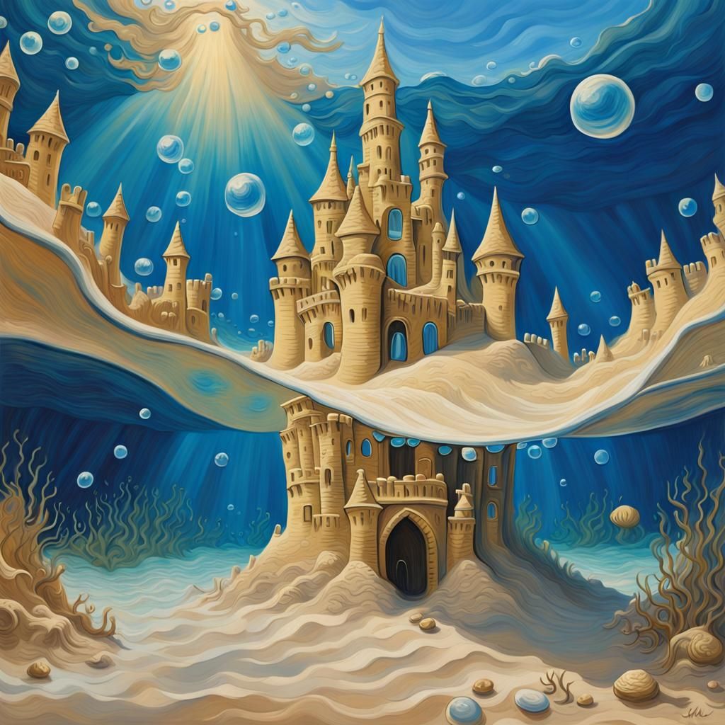 Underwater Sandcastle: A Vibrant Impasto Painting