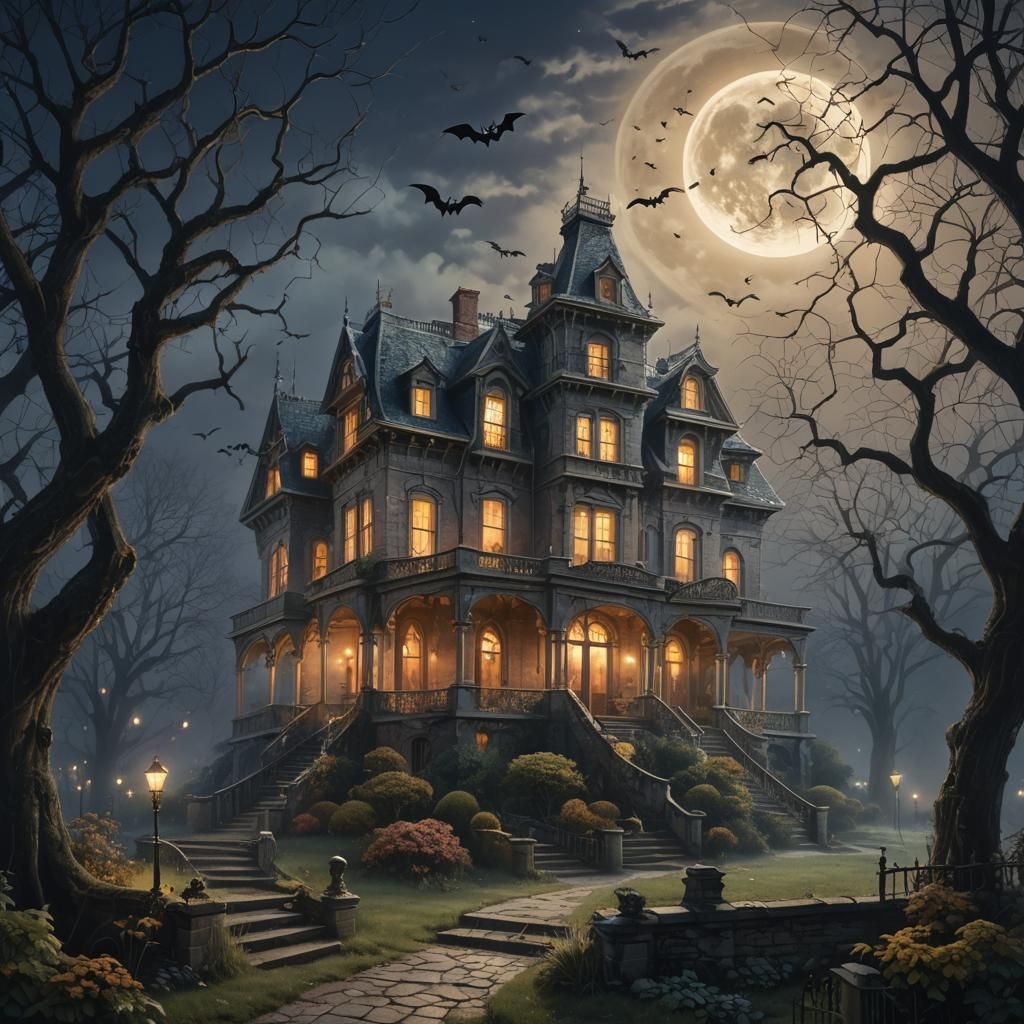 Abandoned Mansion Under Moonlight in Ethereal Style