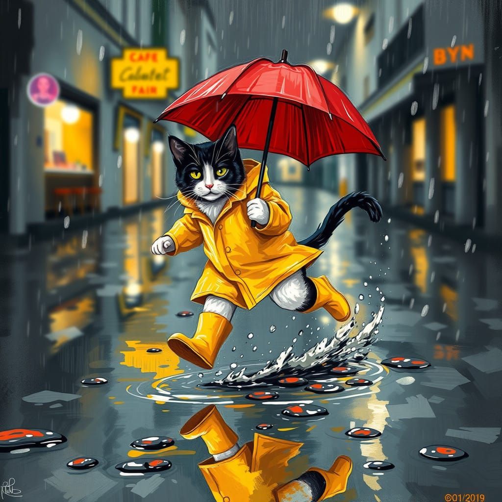 Whimsical Cat Dances in the Rain, in a Style Inspired by Van...