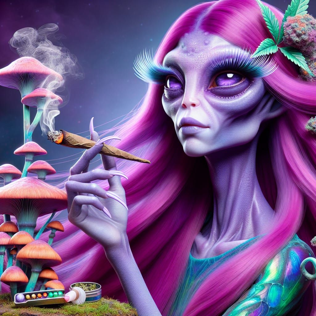 Purple Alien Goddess with Pink Hair and Blunt