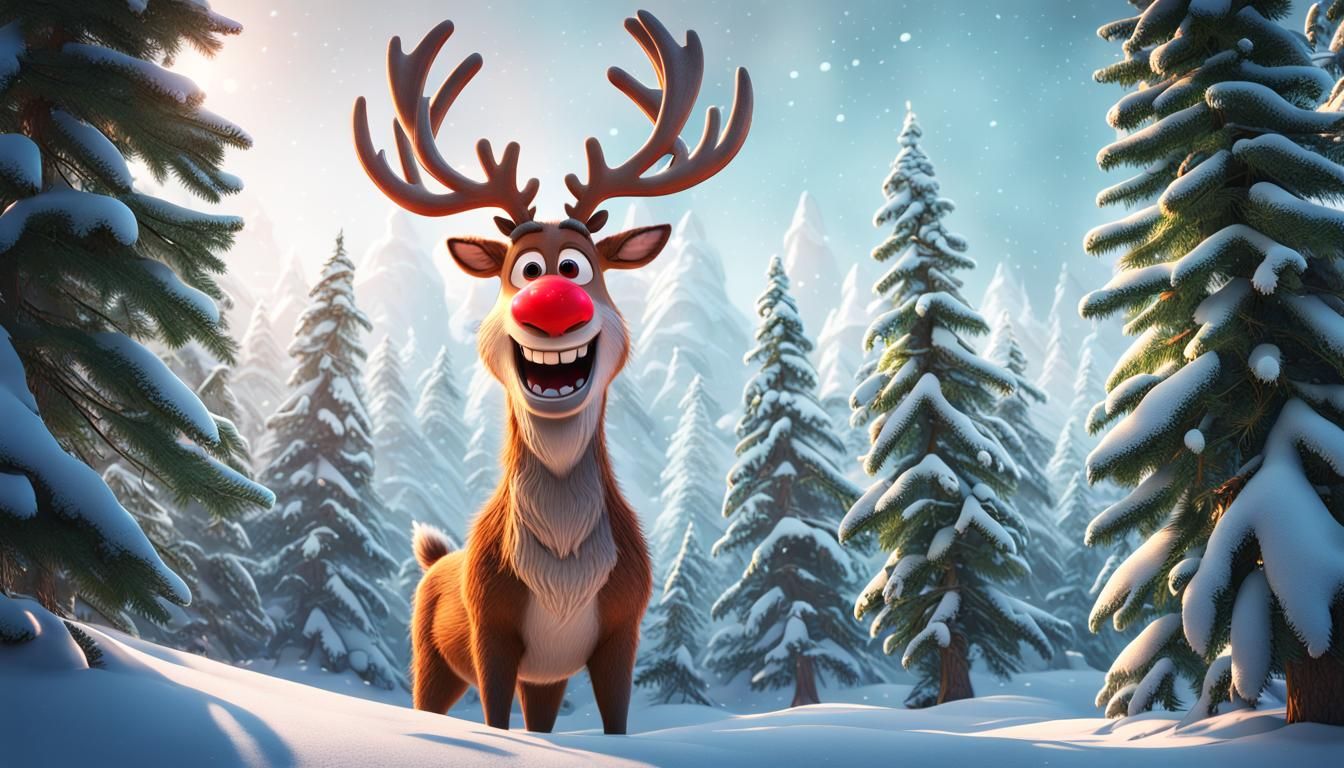 Rudolph in Snowy Spruce Forest: 3D Digital Art