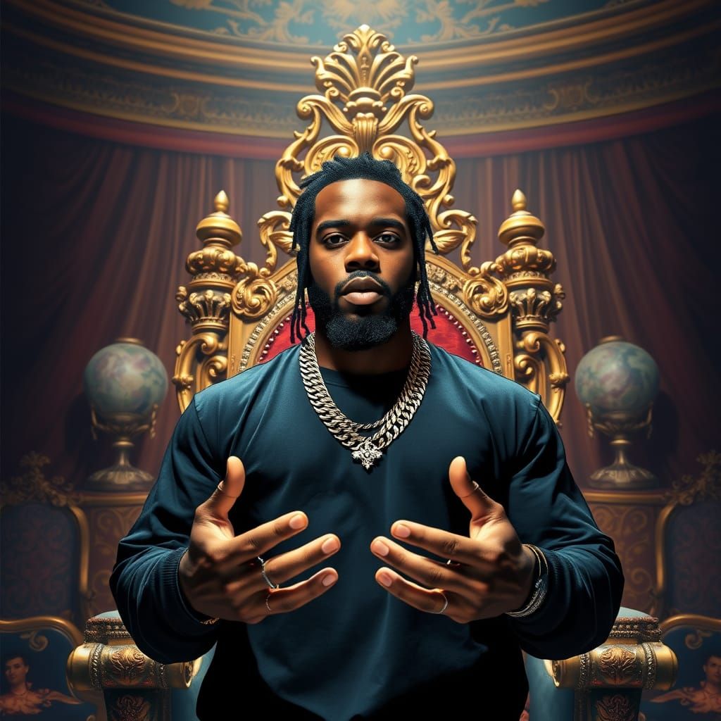 Confident Rapper Reigns in Lavish Throne Room