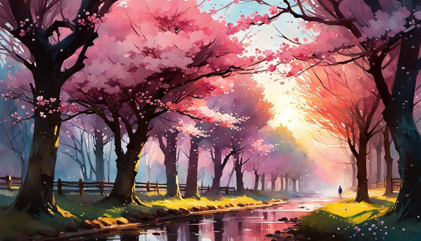 Cherry Blossom Forest Watercolor Painting